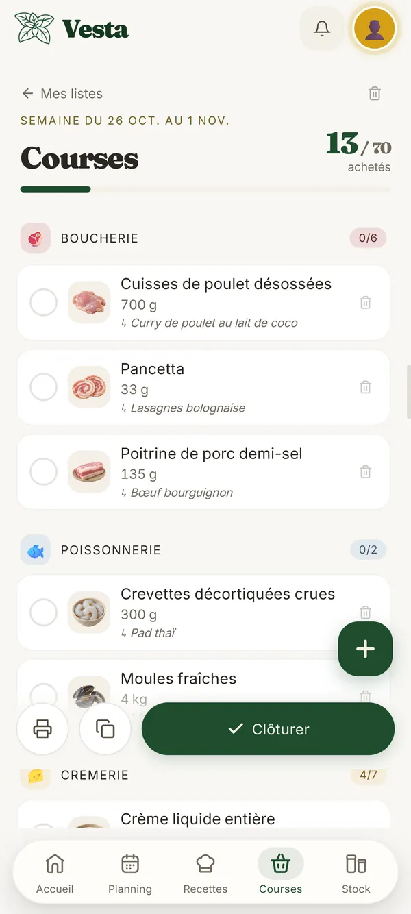 La liste de courses de Vesta aux rayons boucherie, poissonnerie et crémerie : les articles avec leur image, leur quantité et leur recette.
