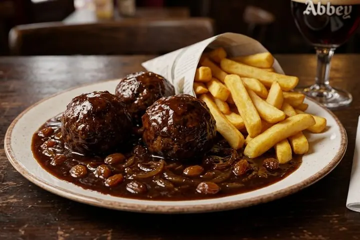 Trois boulets nappés de sauce liégeoise, avec des frites.