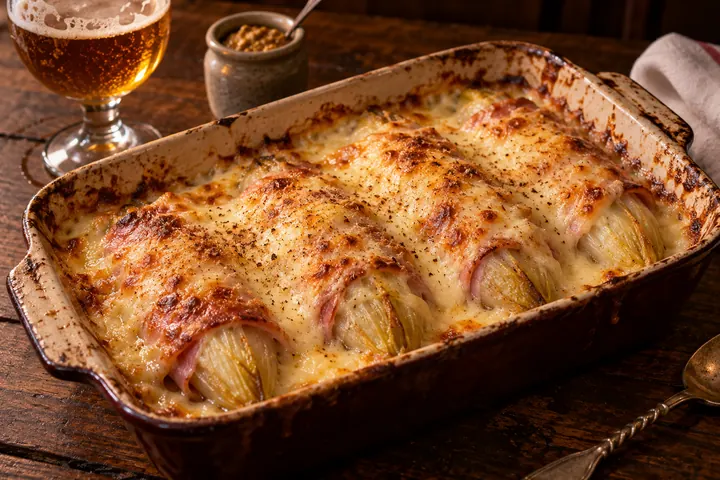 Des chicons roulés dans du jambon, gratinés au four sous la béchamel au fromage.