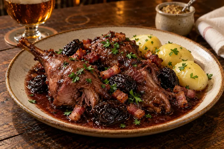 Du lapin mijoté à la kriek, avec des pruneaux, des lardons et des pommes de terre.