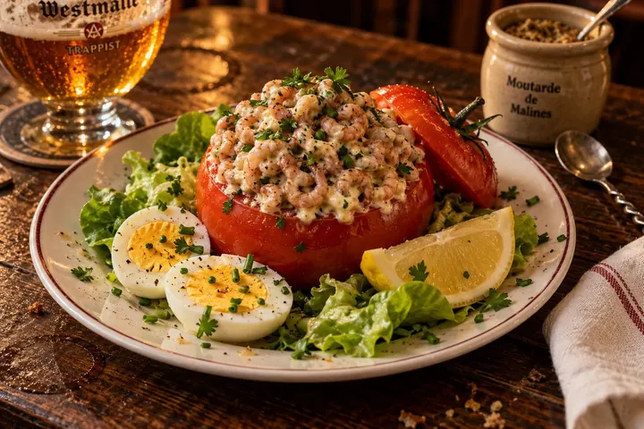 Une tomate garnie de crevettes grises, avec un œuf dur et de la salade.