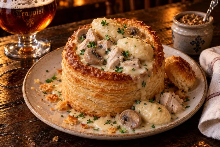 Un vol-au-vent garni de poulet, de champignons et de quenelles en sauce.