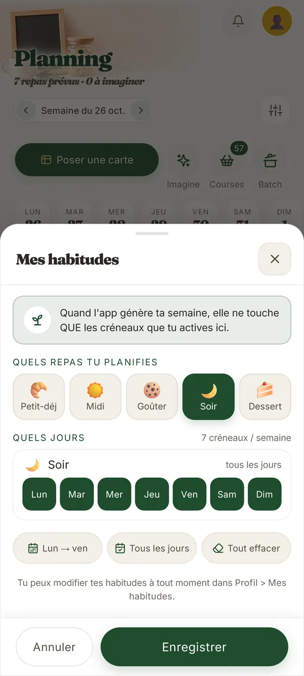 L’écran « Mes habitudes » de Vesta : les repas que la famille planifie (petit-déjeuner, midi, goûter, soir, dessert) et les jours, avec les raccourcis « Lun → ven » et « Tous les jours ».