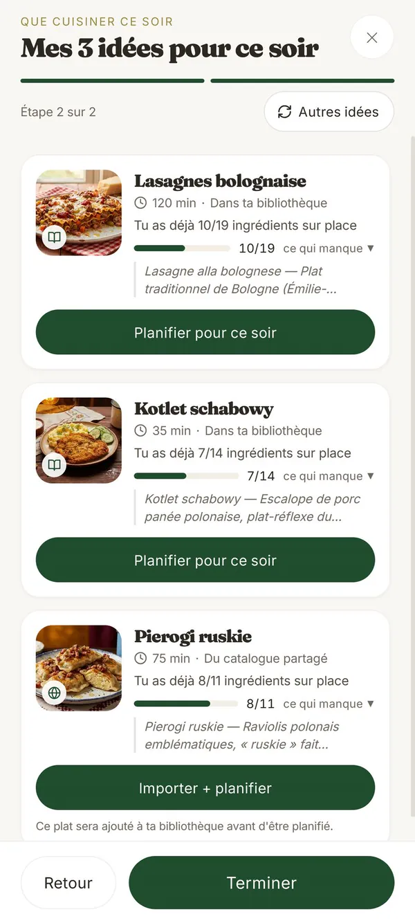 L’écran « Mes 3 idées pour ce soir » de Vesta : trois plats proposés, avec pour chacun la durée et le nombre d’ingrédients déjà sur place.