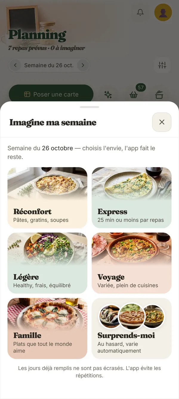 L’écran « Imagine ma semaine » de Vesta : six envies au choix — Réconfort, Express, Légère, Voyage, Famille, Surprends-moi.