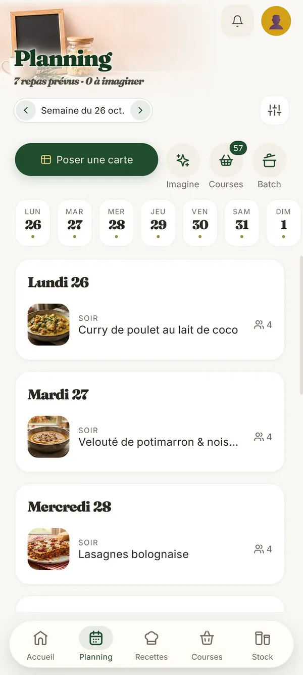 Le planning de Vesta pour la semaine du 26 octobre : sept dîners prévus pour quatre personnes, du curry de poulet du lundi au bœuf bourguignon du dimanche.