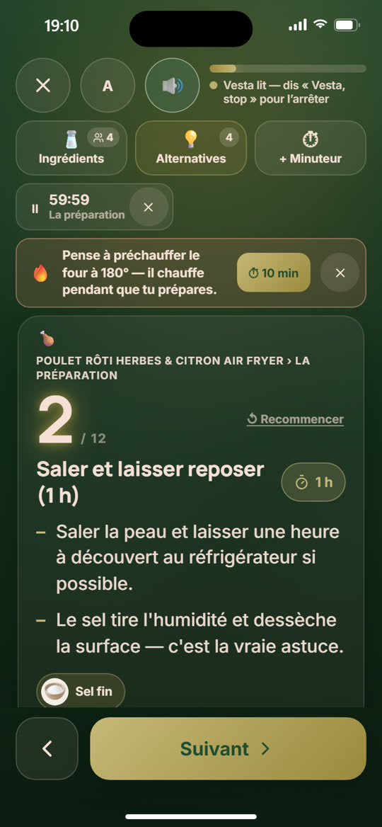 Après «&nbsp;Vesta, minuteur&nbsp;»&nbsp;: un minuteur de 59:59 tourne en haut de l’écran.