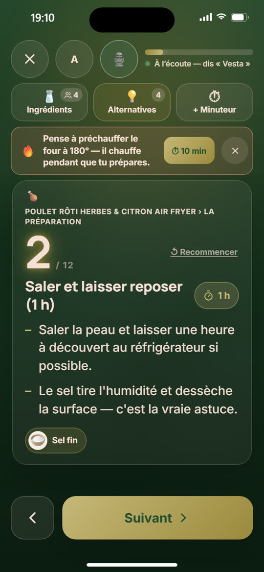 Après «&nbsp;Vesta, suivant&nbsp;»&nbsp;: l’étape 2, «&nbsp;Saler et laisser reposer&nbsp;».