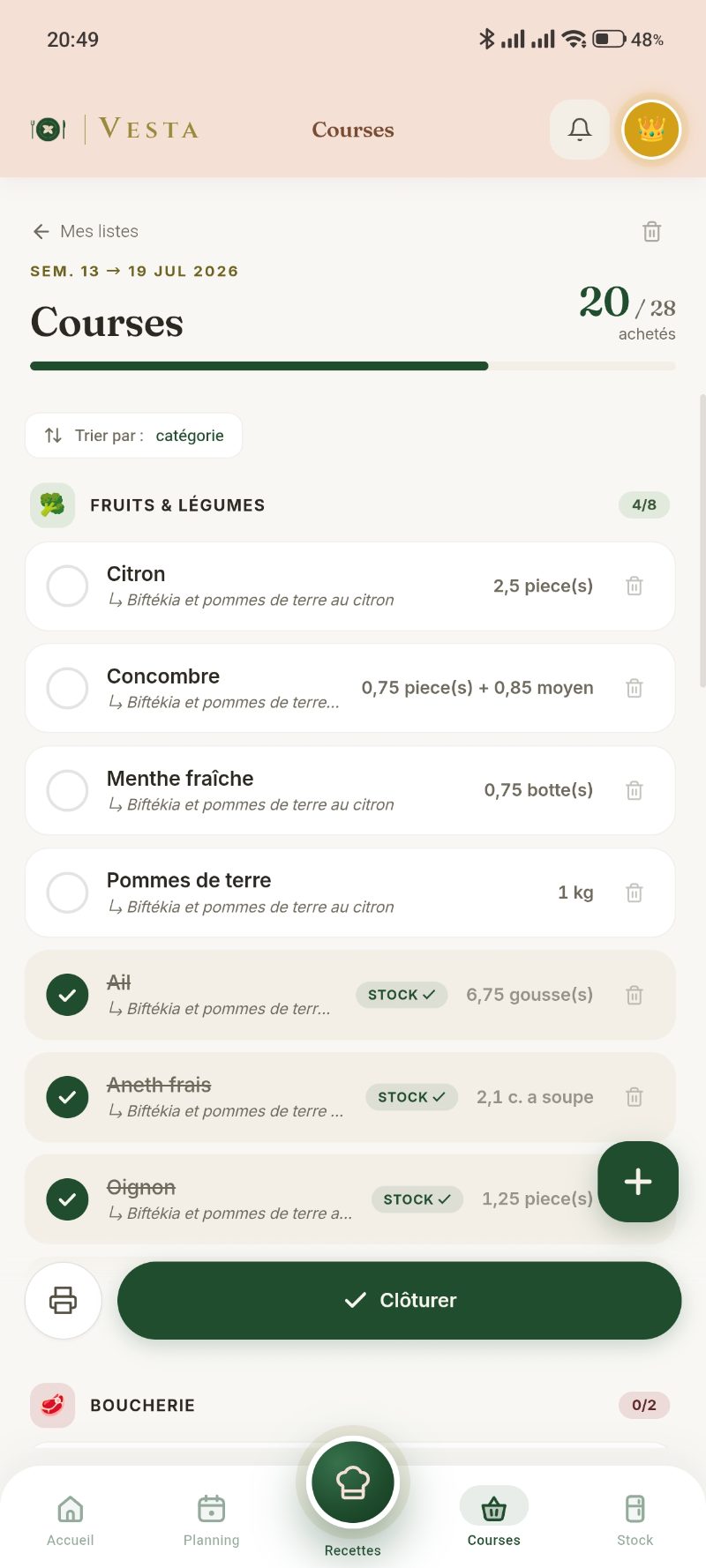 La liste de courses de Vesta, rangée par rayon
