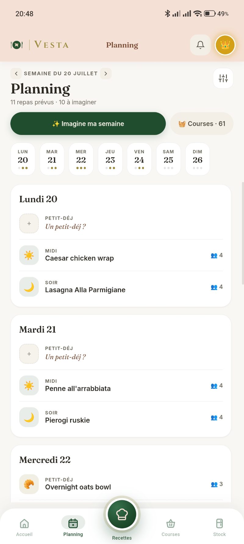 Le planning de la semaine dans Vesta : sept jours, les repas déjà posés
